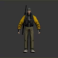 Man In Yellow Jacket Gray Cap Black Vest With Gun Brown Pants White Sneakers