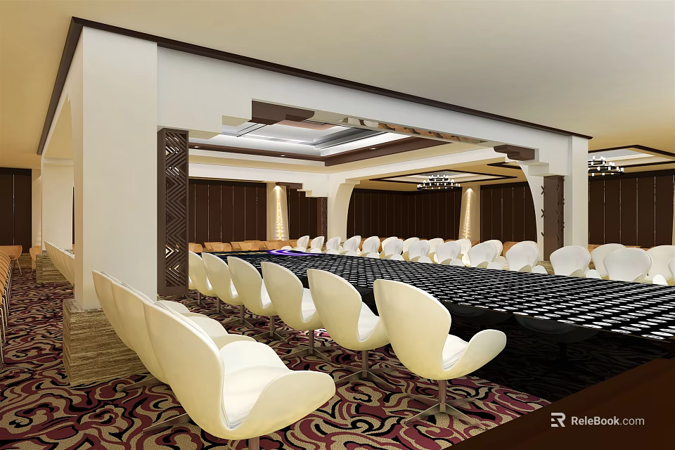 Modern Conference Room With White Chairs Black Long Table Decorative Ceiling And Carpet 3d model 