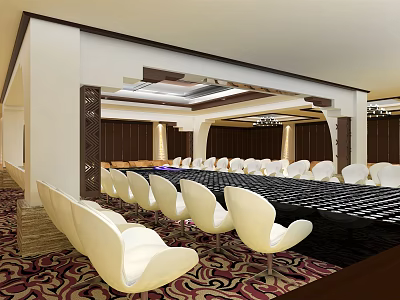 Modern Conference Room With White Chairs Black Long Table Decorative Ceiling And Carpet 3d model