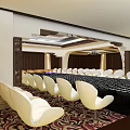 Modern Conference Room With White Chairs Black Long Table Decorative Ceiling And Carpet