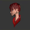 Game Movie Character with Red Hair Pointed Ears Yellow Eyes and Red Outfit