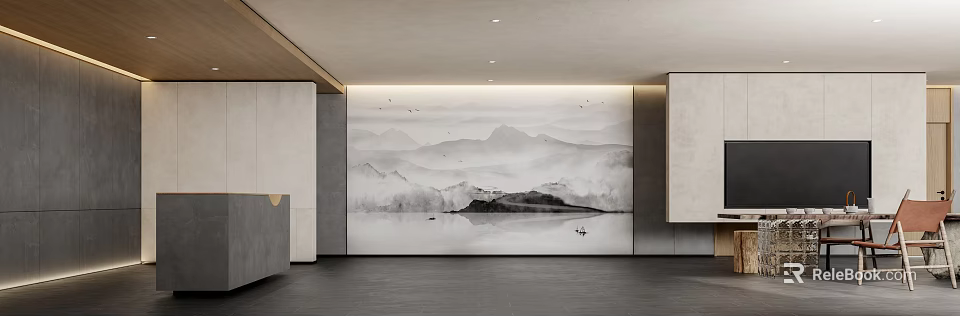 Modern Living Room Interior Design With Minimalist Style And Landscape Painting Wall 3d model 