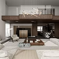 Elegant Modern High Ceiling Living And Dining Room With Warm Wooden Accents And Comfortable Furnishings