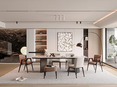 Elegant Modern Restaurant Interior Featuring Marble Dining Table Chairs Wall Art Pendant Light And Greenery 3d model