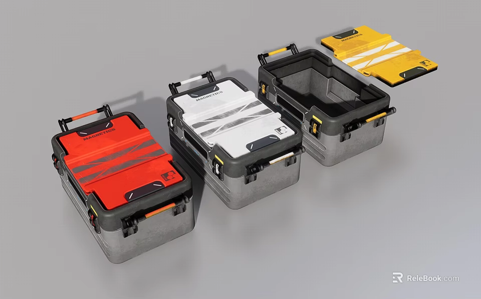 Red White Gray Hard Storage Cases with Open Yellow Lid and Durable Handle Design 3d model 