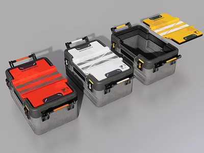 Red White Gray Hard Storage Cases with Open Yellow Lid and Durable Handle Design 3d model