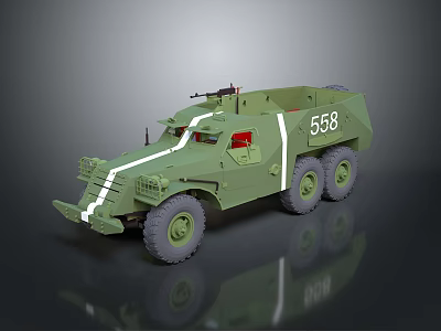 Green 558 Military Functional Vehicle With Six Wheels Mounted Weapon Red Windows And White Stripes 3d model