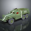 Green 558 Military Functional Vehicle With Six Wheels Mounted Weapon Red Windows And White Stripes