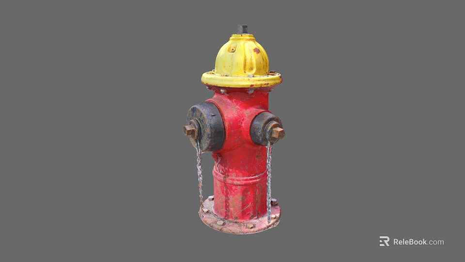 Red And Yellow Fire Hydrant With Leaking Water Drops On Gray Background 3d model 