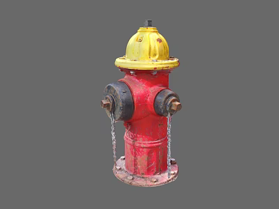 Red And Yellow Fire Hydrant With Leaking Water Drops On Gray Background 3d model