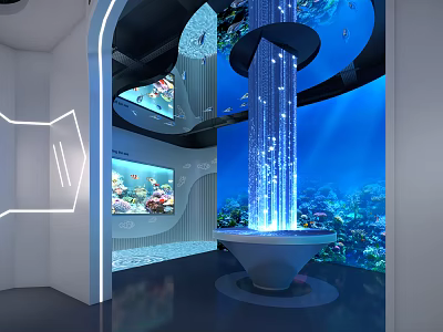 Futuristic Interior Scene With Blue Underwater Background Water Column Installation And Digital Screens 3d model
