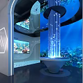 Futuristic Interior Scene With Blue Underwater Background Water Column Installation And Digital Screens