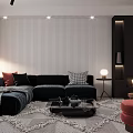 Modern Living Dining Room Interior With Black Countertop White Chairs Round Pendant Lights And Fireplace