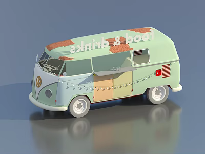 Retro Light Green Volkswagen Food Truck With Patched Exterior And Food Drinks Signage 3d model