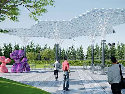 Modern Pergola With Tree Shaped Columns In Outdoor Park With Pedestrians And Purple Pink Sculptures 3d model