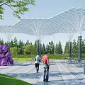 Modern Pergola With Tree Shaped Columns In Outdoor Park With Pedestrians And Purple Pink Sculptures
