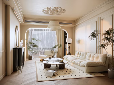 Elegant Modern Living Room Interior With Chandelier Sofa Fireplace Arched Window And Green Plants 3d model