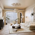 Elegant Modern Living Room Interior With Chandelier Sofa Fireplace Arched Window And Green Plants