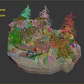 Cartoon Scene with Small Houses Pink Roofs Pine Trees Green Grass and Path
