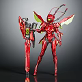 Red Insect Inspired Mechanical Character with Winged Armor and Mechanical Staff Design 3d model