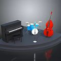 Stage Setup With Black Piano Blue Drum Set And Red Double Bass