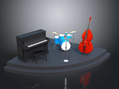 Stage Setup With Black Piano Blue Drum Set And Red Double Bass 3d model