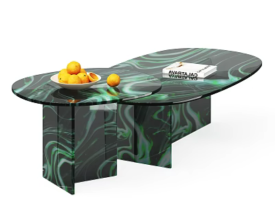 Elegant Oval Coffee Table With Green Black Marble Pattern Bowl Of Oranges And Gardenland Magazine 3d model