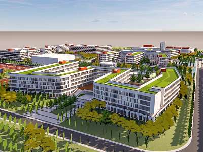 Modern School Buildings With Green Roofs Multiple Buildings Trees And Roads 3d model