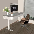 White Modern Desk With Monitor Vase Flowers And Brown Chair Near Window Blinds