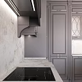 Dark Gray Classical Kitchen Cabinets With Carved Details Glass Doors And Marble Island