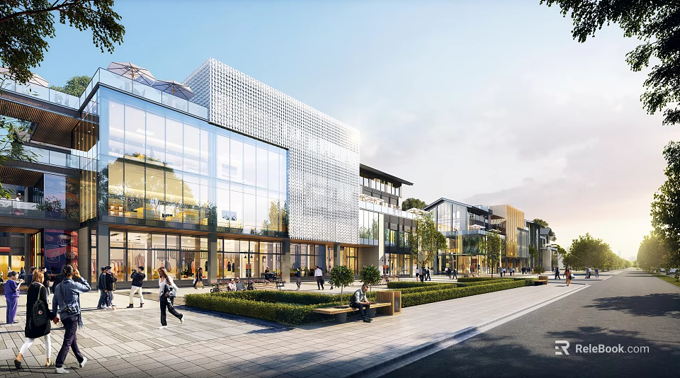 Modern Commercial Street With Glass Facades Pedestrians Greenery Benches And Open Spaces 3d model 