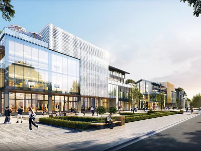 Modern Commercial Street With Glass Facades Pedestrians Greenery Benches And Open Spaces 3d model