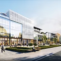 Modern Commercial Street With Glass Facades Pedestrians Greenery Benches And Open Spaces