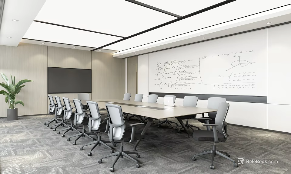 Modern Conference Room Interior With Long Table Ergonomic Chairs Whiteboard And Projection Screen 3d model 