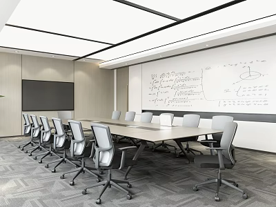 Modern Conference Room Interior With Long Table Ergonomic Chairs Whiteboard And Projection Screen 3d model