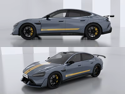 Sleek Gray Sports Sedan With Yellow Stripes Black Rims And Rear Spoiler 3d model
