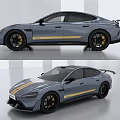Sleek Gray Sports Sedan With Yellow Stripes Black Rims And Rear Spoiler