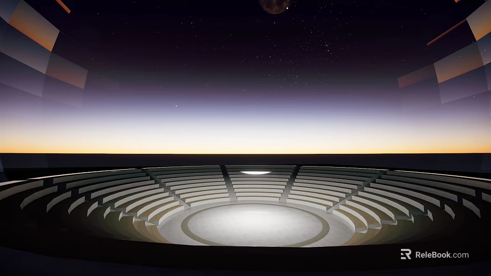 Open Air Amphitheater With Tiered Seats Under Starry Sunset Sky Backdrop 3d model