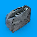 Gray Canvas Bag with Front Pocket and Round Badge on Blue Background
