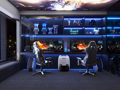 Modern Entertainment Room With Gaming Chairs Display Shelves Collectibles Large Screens And Blue Lighting 3d model