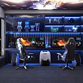 Modern Entertainment Room With Gaming Chairs Display Shelves Collectibles Large Screens And Blue Lighting