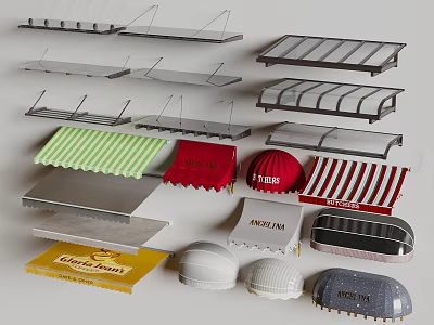 Various Types Of Commercial Awnings With Different Colors And Styles For Stores 3d model
