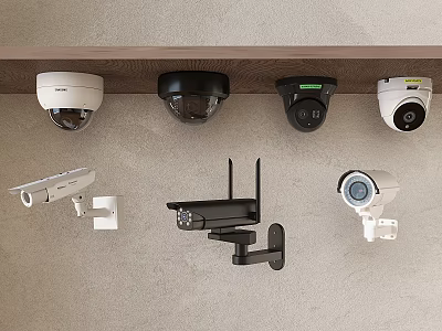 Different Types of Surveillance Cameras Including Dome Bullet and Wireless Models Mounted on Wall 3d model
