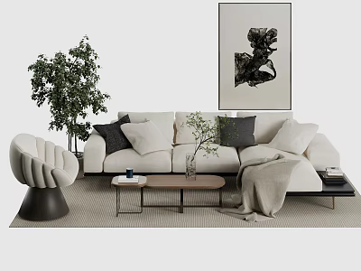 Modern Living Room Sofa And Coffee Table Set With Pillows Artwork Plant And Accent Chair 3d model