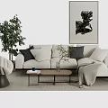 Modern Living Room Sofa And Coffee Table Set With Pillows Artwork Plant And Accent Chair