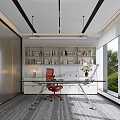 Modern Office Interior With White Bookshelves Red Chair Glass Desk Laptop And Green View