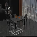 Modern Dining Table Set With White Top Black Legs Chairs Yellow Flowers And Orange Fruits