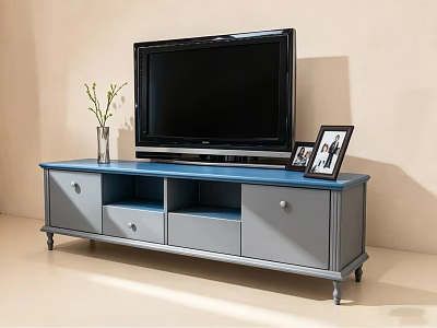 Modern Blue And Gray TV Stand With Drawers Open Shelves TV Vase And Photo Frames 3d model