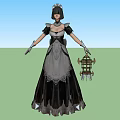 Game and Movie Female Character in Black Gray Long Dress Wearing Hat Holding Birdcage