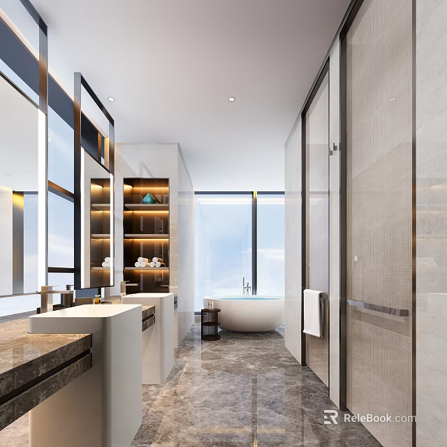 Modern Hotel Bathroom Interior With Freestanding Bathtub Marble Vanity And Large Window 3d model 